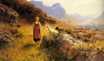 Sheep Shepherd Painting - An Alpine Landscapewith a Shepherdess and Goats